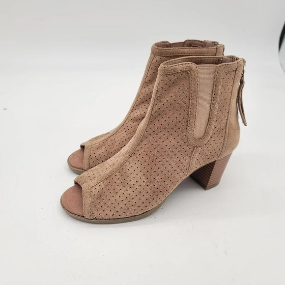 BIG BUDDA Open Toe Bootie Ankle Boots Womens Block Heel Tan Beige Zip Back 7.5 - Picture 1 of 10